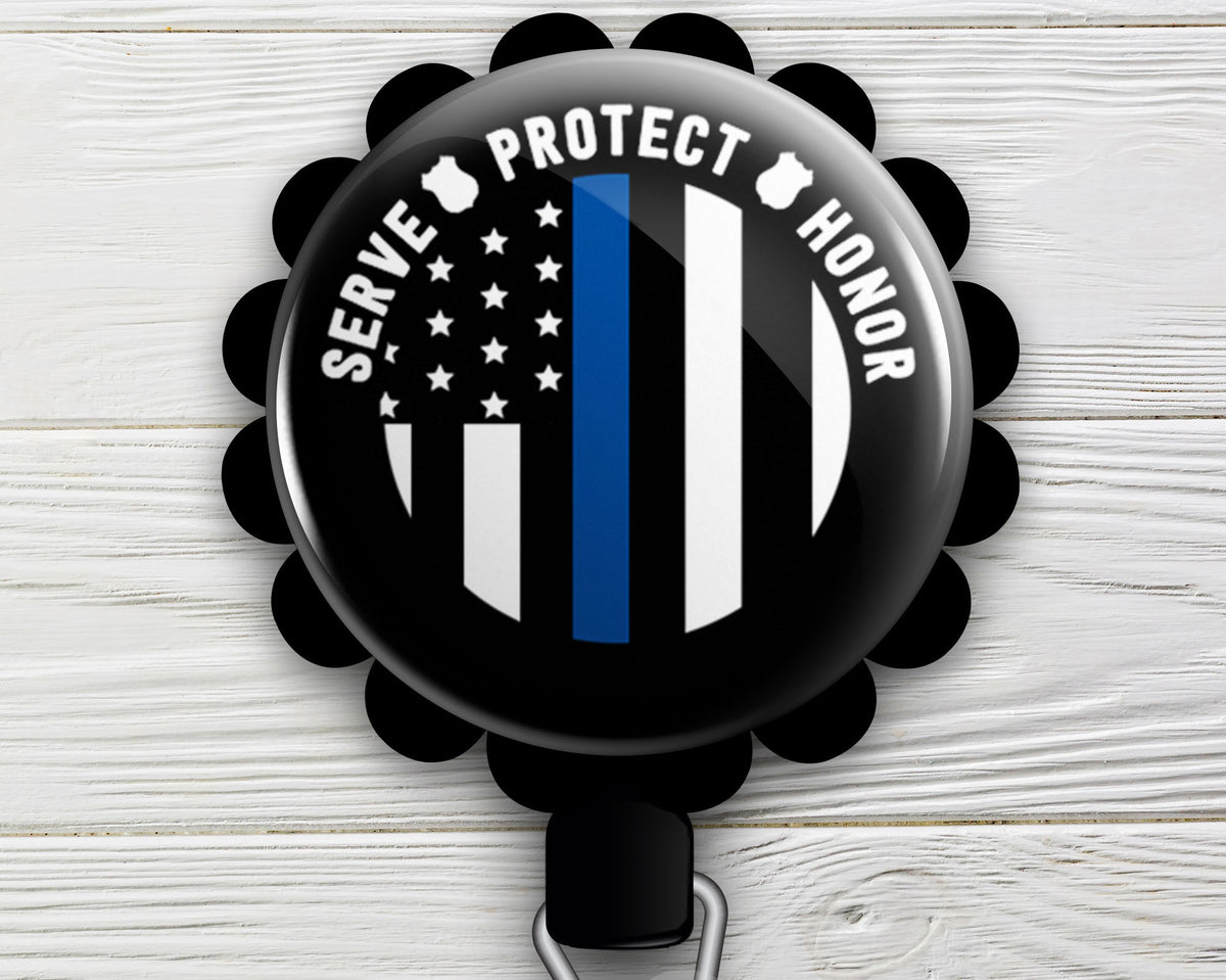 Thin Blue Line Serve Protect Honor Retractable ID Badge Reel • Police, Law Enforcement Gift • ID Badge Holder • Swapfinity