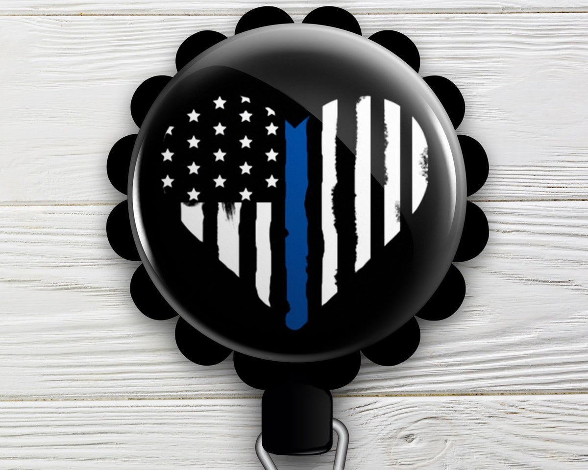 Thin Blue Line Heart Heart ID Badge Reel • Police, Law Enforcement Gift • ID Badge Holder • Swapfinity