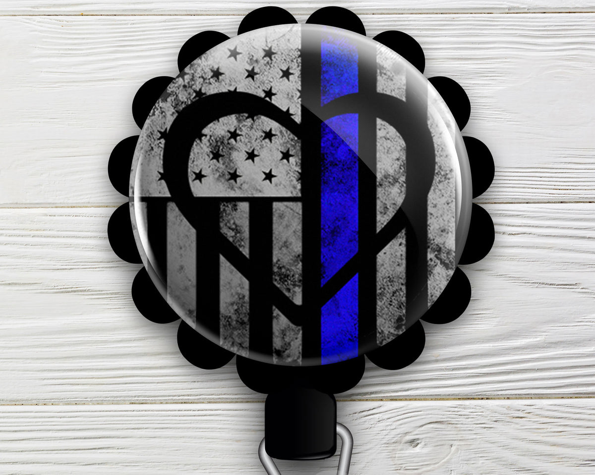 Thin Blue Line Symbolic Heart Retractable ID Badge Reel • Police