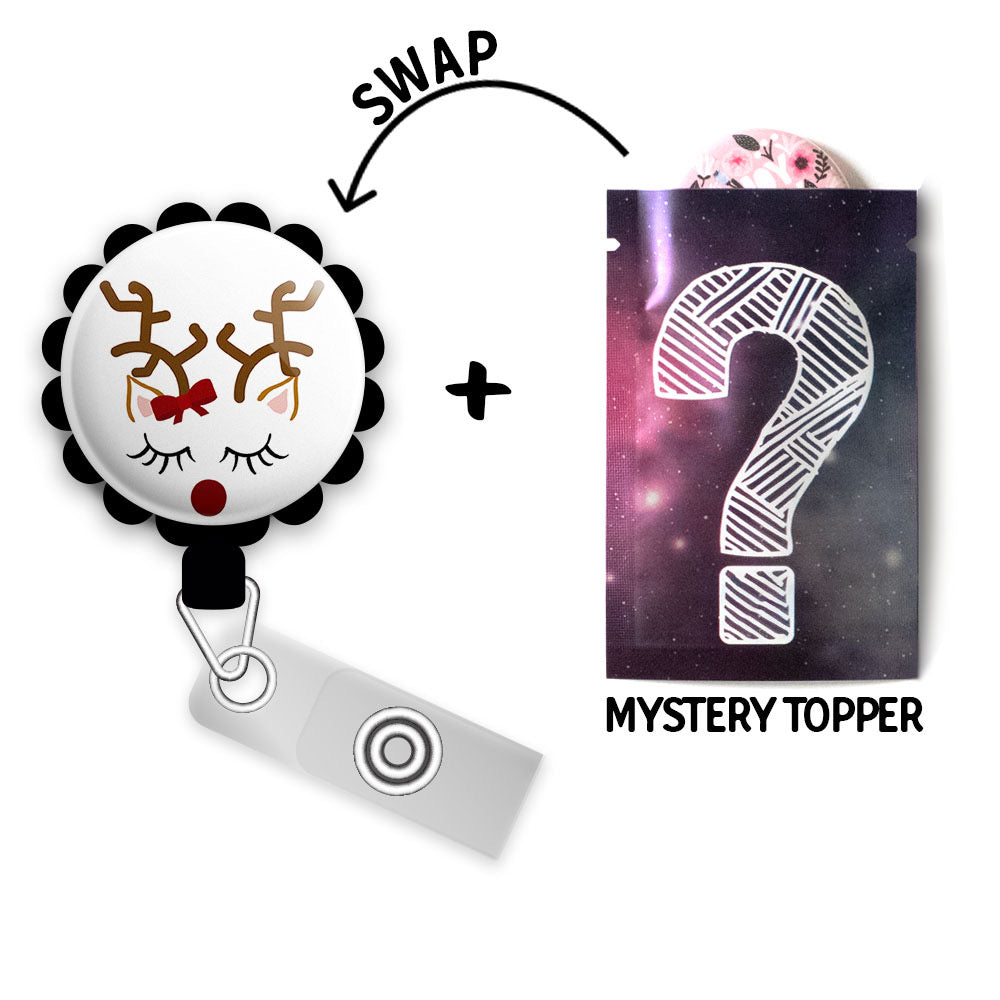 Cute Reindeer • Christmas Gift Holiday Swappable Retractable ID Badge Reel • Custom Badge Holder • Swapfinity - Gator+Mystery Topper / Black - Topperswap