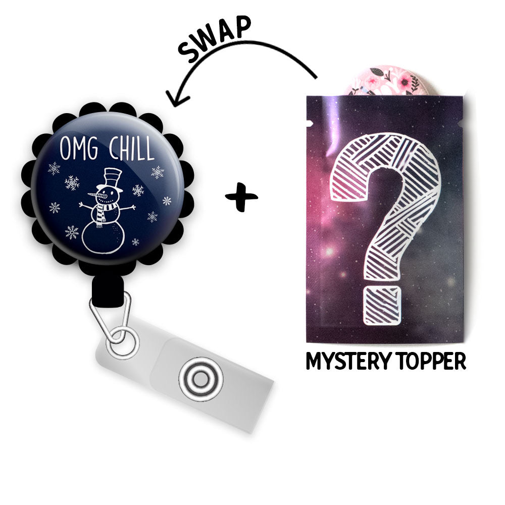 OMG Chill Retractable ID Badge Reel • Winter Season, Funny Pun • Swapfinity - Gator+Mystery Topper / Black - Topperswap