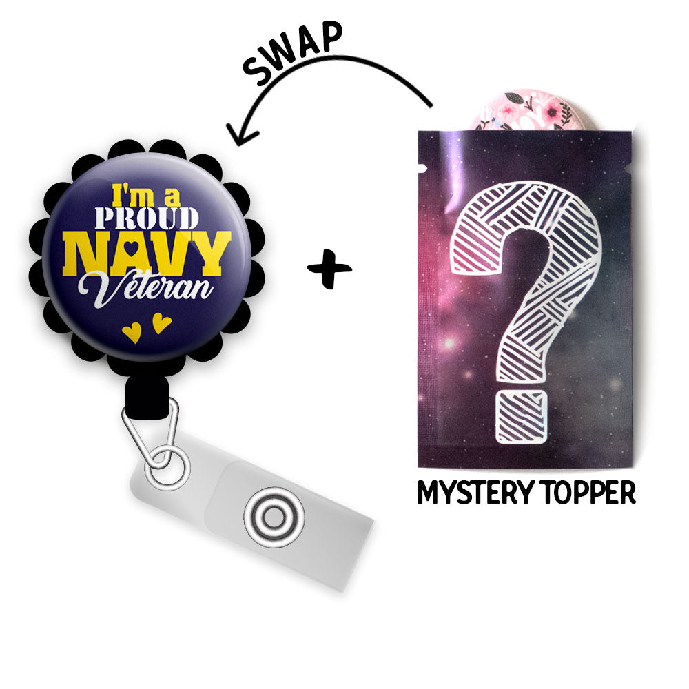 Proud Navy Veteran Retractable ID Badge Reel • Proud Navy Veteran Gift • Navy Veteran ID Badge Holder • Swapfinity - Gator+Mystery Topper / Black - Topperswap