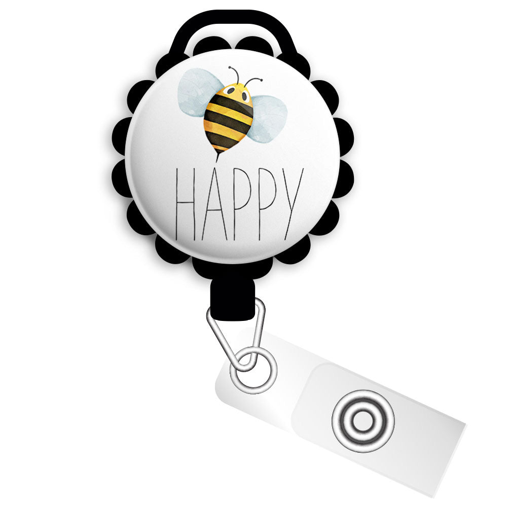 Bee Happy • Be Happy Pun Retractable ID Badge Reel • Spring Season Bad -  Topperswap