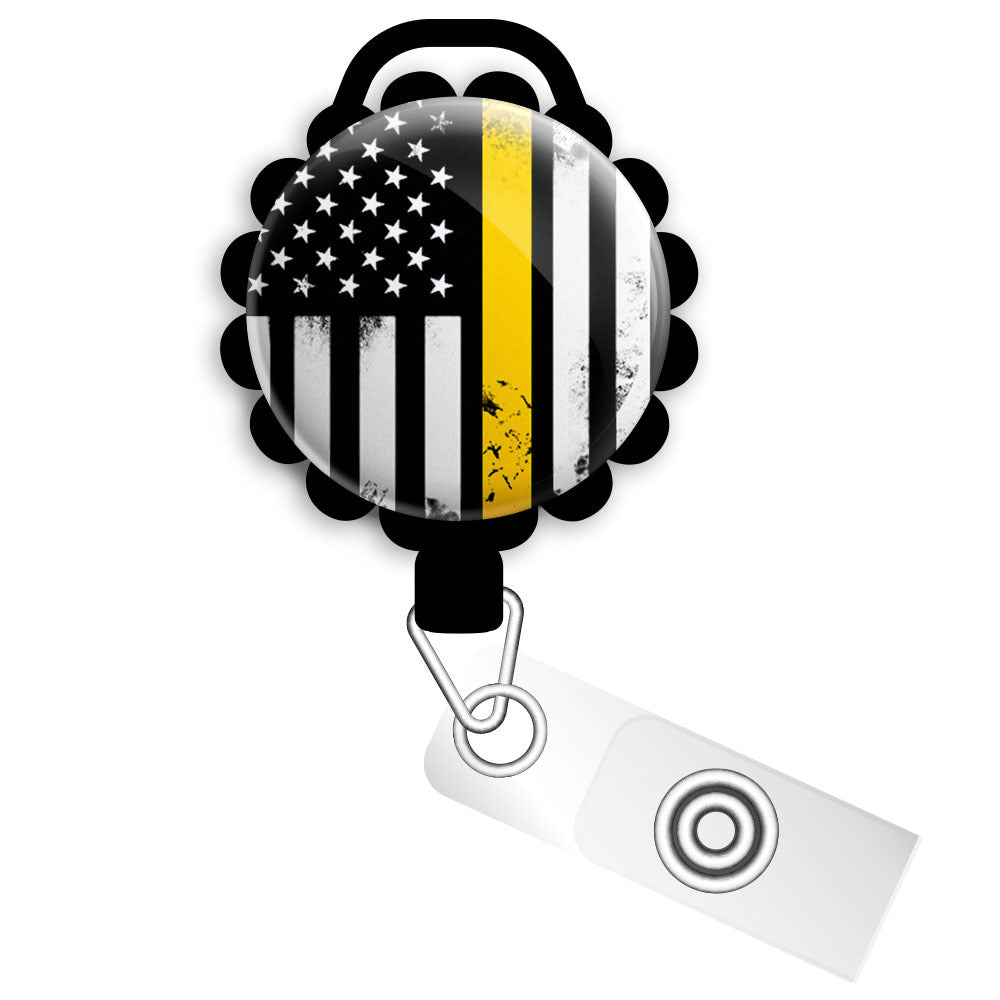 Distressed Thin Gold Line Flag Retractable ID Badge Reel • 911