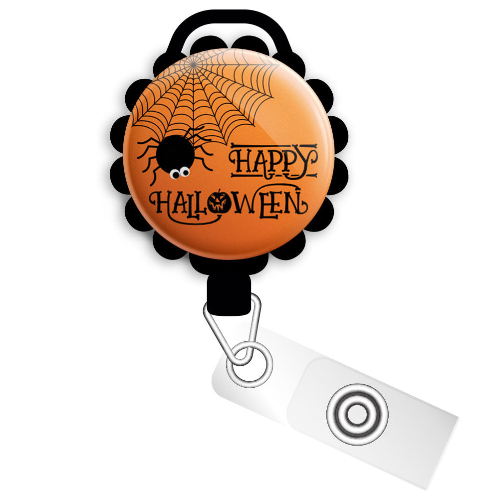 Happy Halloween Retractable ID Badge Reel • Halloween Holiday Funny Pun • Custom Swappable • Swapfinity - Slide Clip / Black - Topperswap