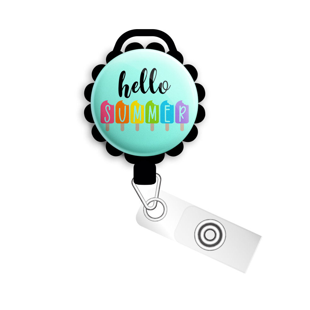 Hello Summer Popsicles Retractable ID Badge Reel • Hello Summer Popsicles Badge Holder • Swapfinity Slide Clip / Black