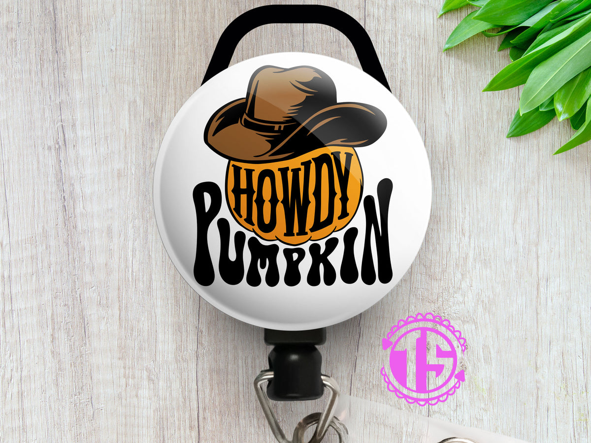 Howdy Pumpkin Retractable ID Badge Reel • Halloween Funny Badge Holder • Swapfinity Alligator Clip / Black