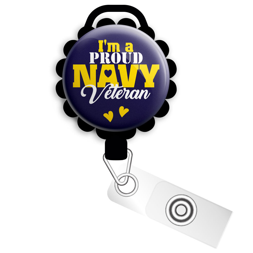 Proud Navy Veteran Retractable ID Badge Reel • Proud Navy Veteran Gift • Navy Veteran ID Badge Holder • Swapfinity - Slide Clip / Black - Topperswap
