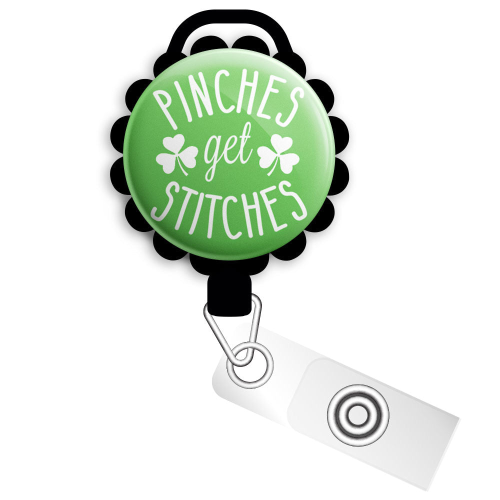 Pinches Get Stitches St. Patrick’s Day Swappable Retractable ID Badge Reel • Holiday Pun Badge Holder • Swapfinity - Slide Clip / Black - Topperswap