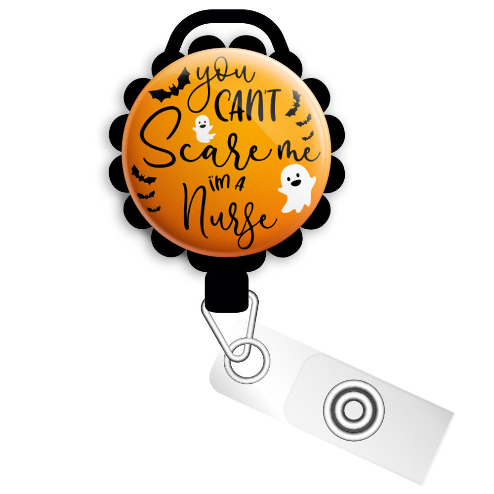 Can’t Scare Nurse • Fall Funny Nurse Halloween Personalized Retractable ID Badge Reel • Nursing Badge Holder • Swapfinity - Slide Clip / Black - Topperswap