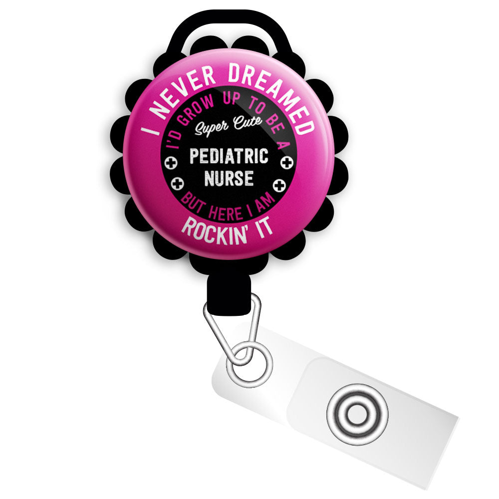 Personalized Retractable ID Badge Reels  Swappable Designs Tagged  Pediatric Nurse Badge Reel - Topperswap