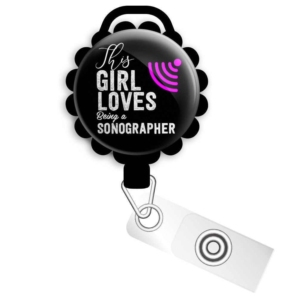 This Girl Loves Being a Sonographer Retractable ID Badge Reel • Gift for Sonographer • Ultrasound Tech Gift • RDMS Gifts • Swapfinity - Slide Clip / Black - Topperswap