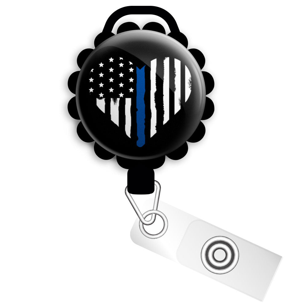 Thin Blue Line Heart HEART ID Badge Reel • Police, Law Enforcement Gift •  ID Badge Holder • Swapfinity