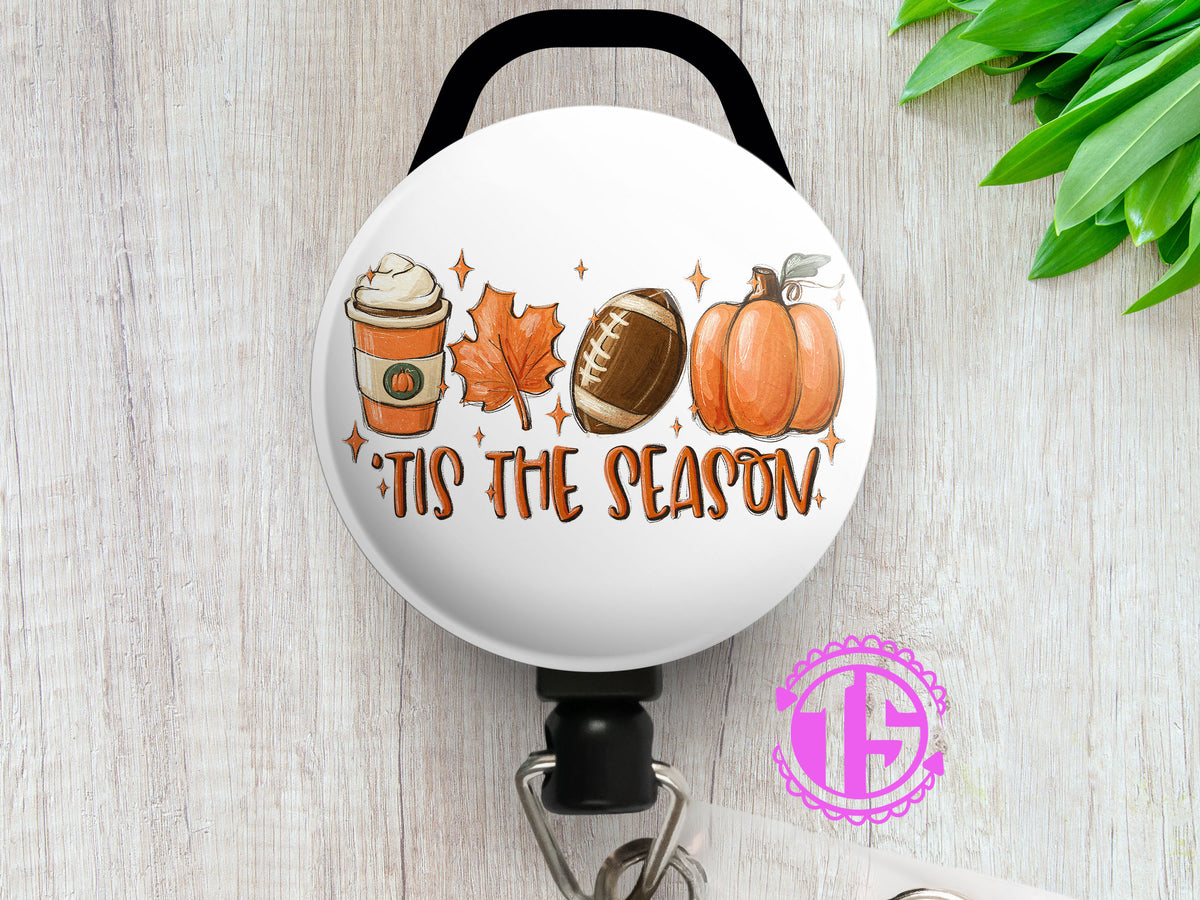 TIS The Season - Pumpkin Spice, Football, Fall Retractable ID Badge Reel • Fall Pumpkin Spice Latte Football Badge Holder • Swapfinity Slide 4pk |Save