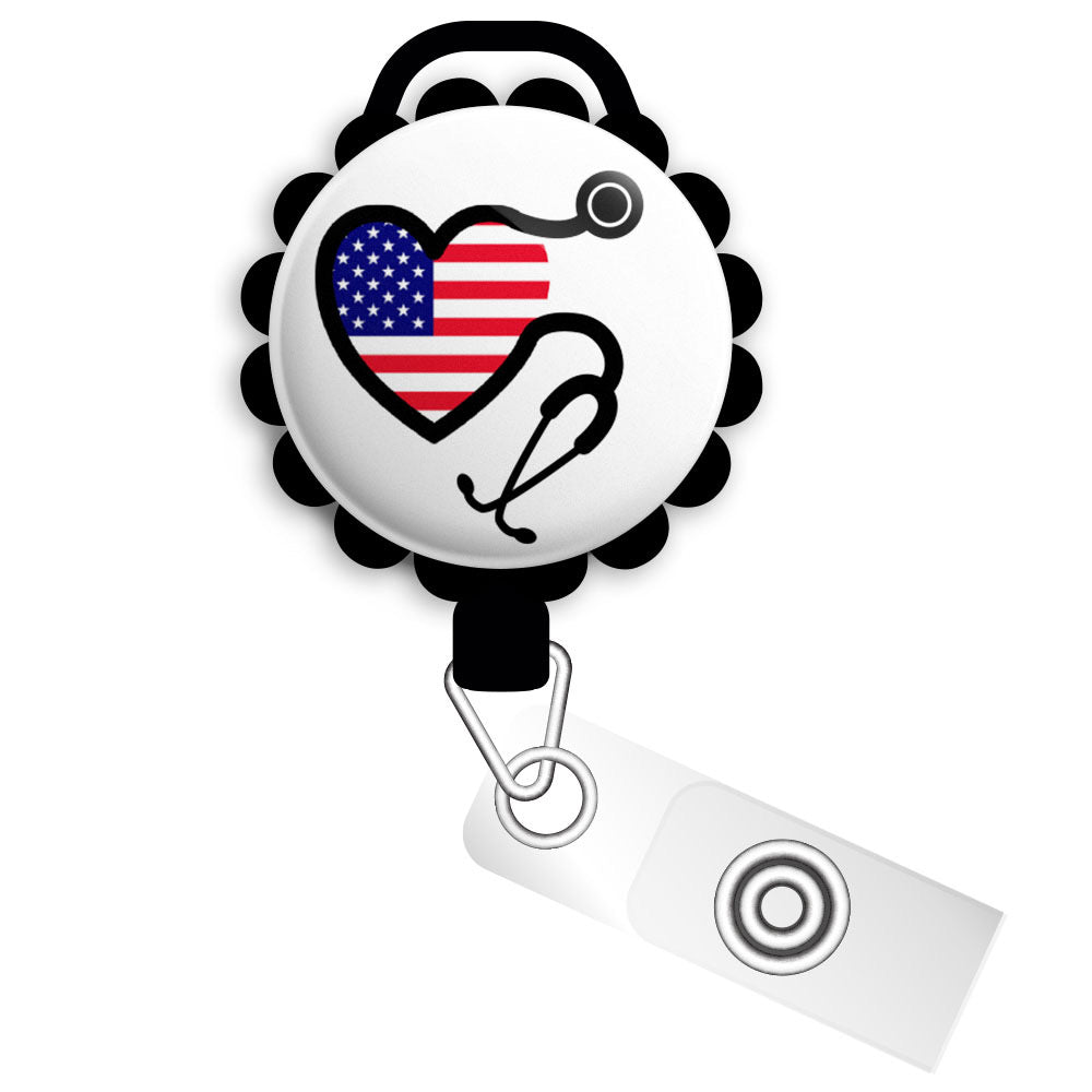 American Flag Stethoscope Retractable ID Badge Reel • Patriotic