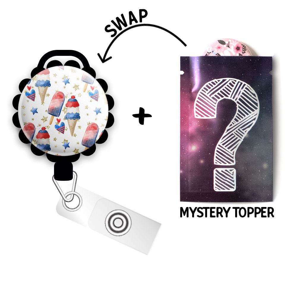 Stars, Hearts, and Ice Cream USA • 4th of July Retractable ID Badge Reel • Summer Independence Day Badge Holder • Swapfinity - Slide+Mystery Topper / Black - Topperswap