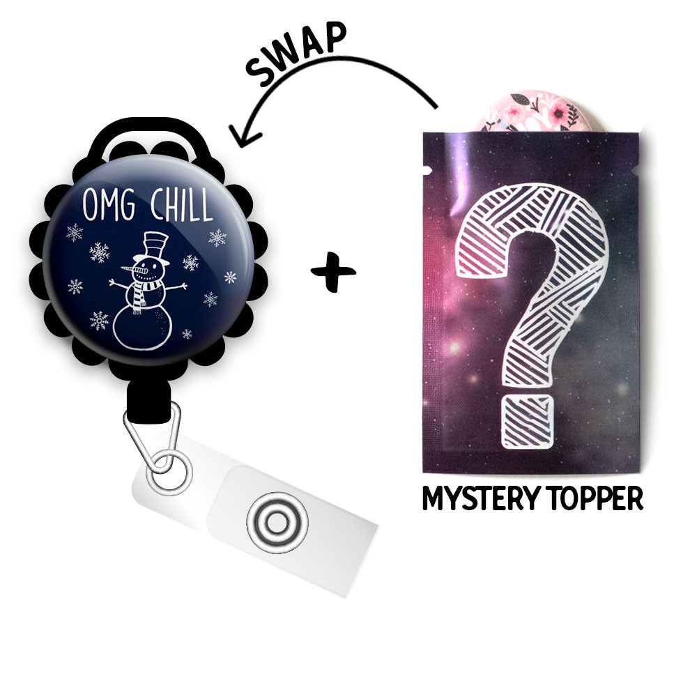 OMG Chill Retractable ID Badge Reel • Winter Season, Funny Pun • Swapfinity - Slide+Mystery Topper / Black - Topperswap