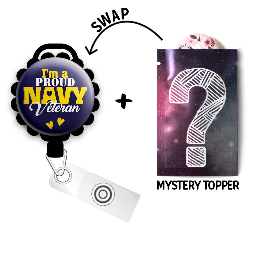 Proud Navy Veteran Retractable ID Badge Reel • Proud Navy Veteran Gift • Navy Veteran ID Badge Holder • Swapfinity - Slide+Mystery Topper / Black - Topperswap