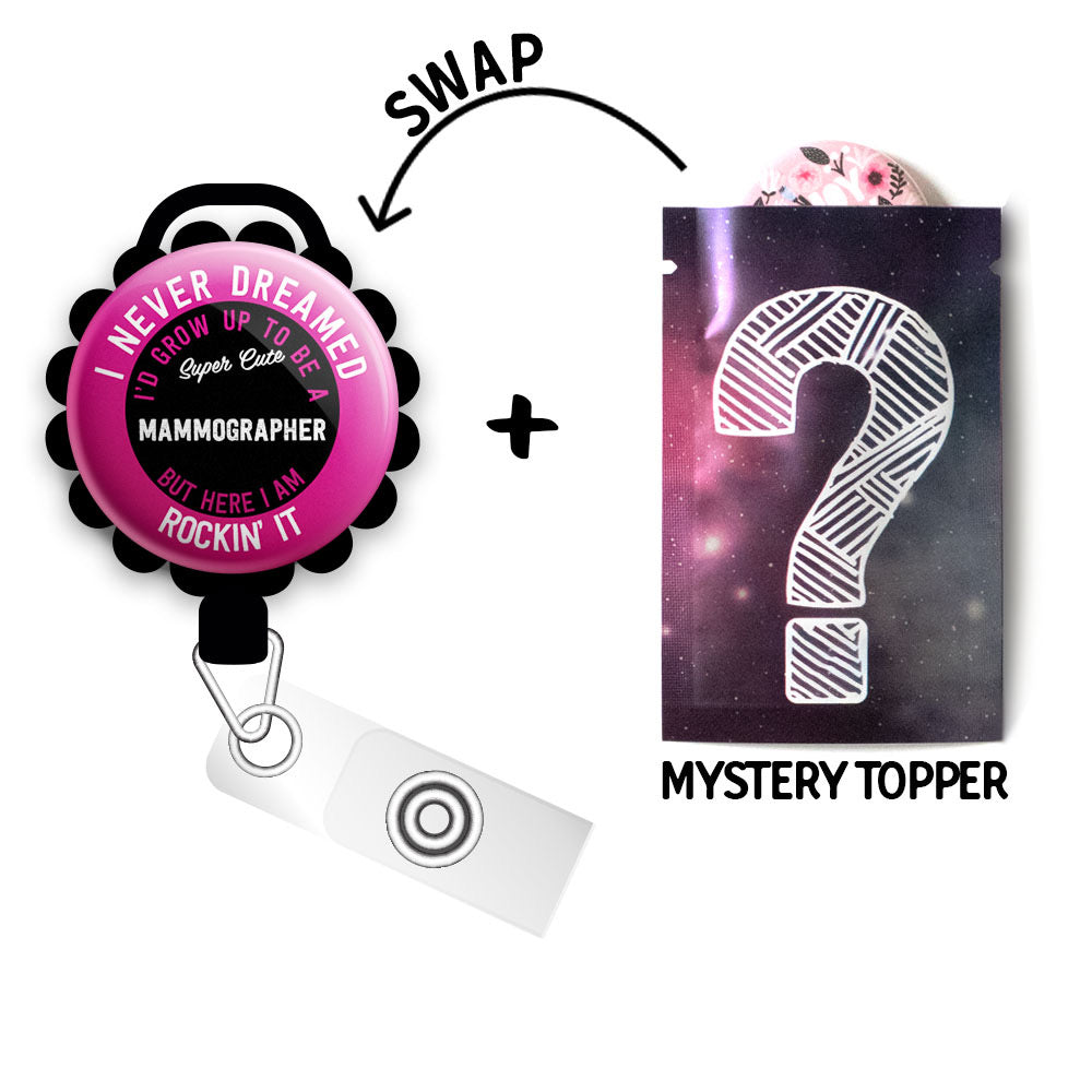 Super Cute Mammographer Retractable ID Badge Reel • Mammography Gift • Mammo Tech • Swappable • Swapfinity - Slide+Mystery Topper / Black - Topperswap