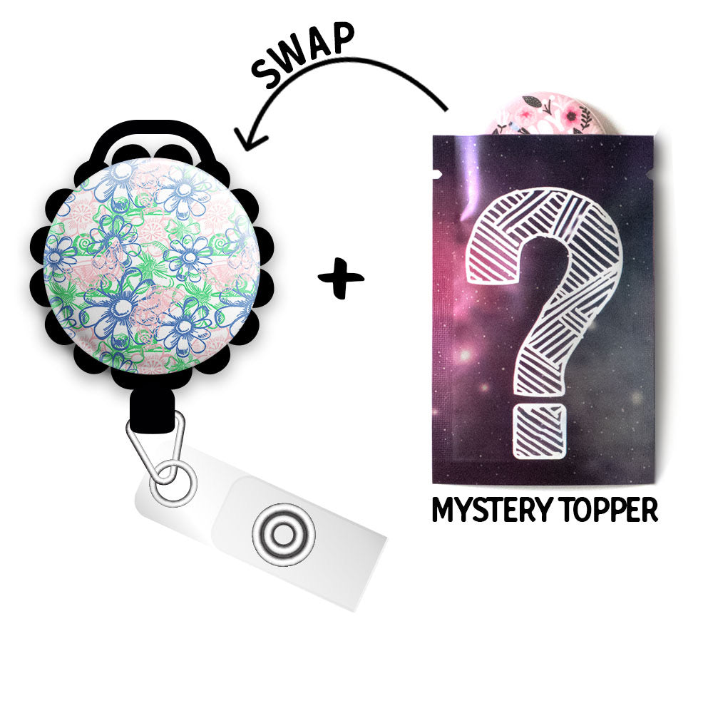 Spring Daisies Retractable ID Badge Reel • Spring Badge Holder • Swapfinity - Slide+Mystery Topper / Black - Topperswap