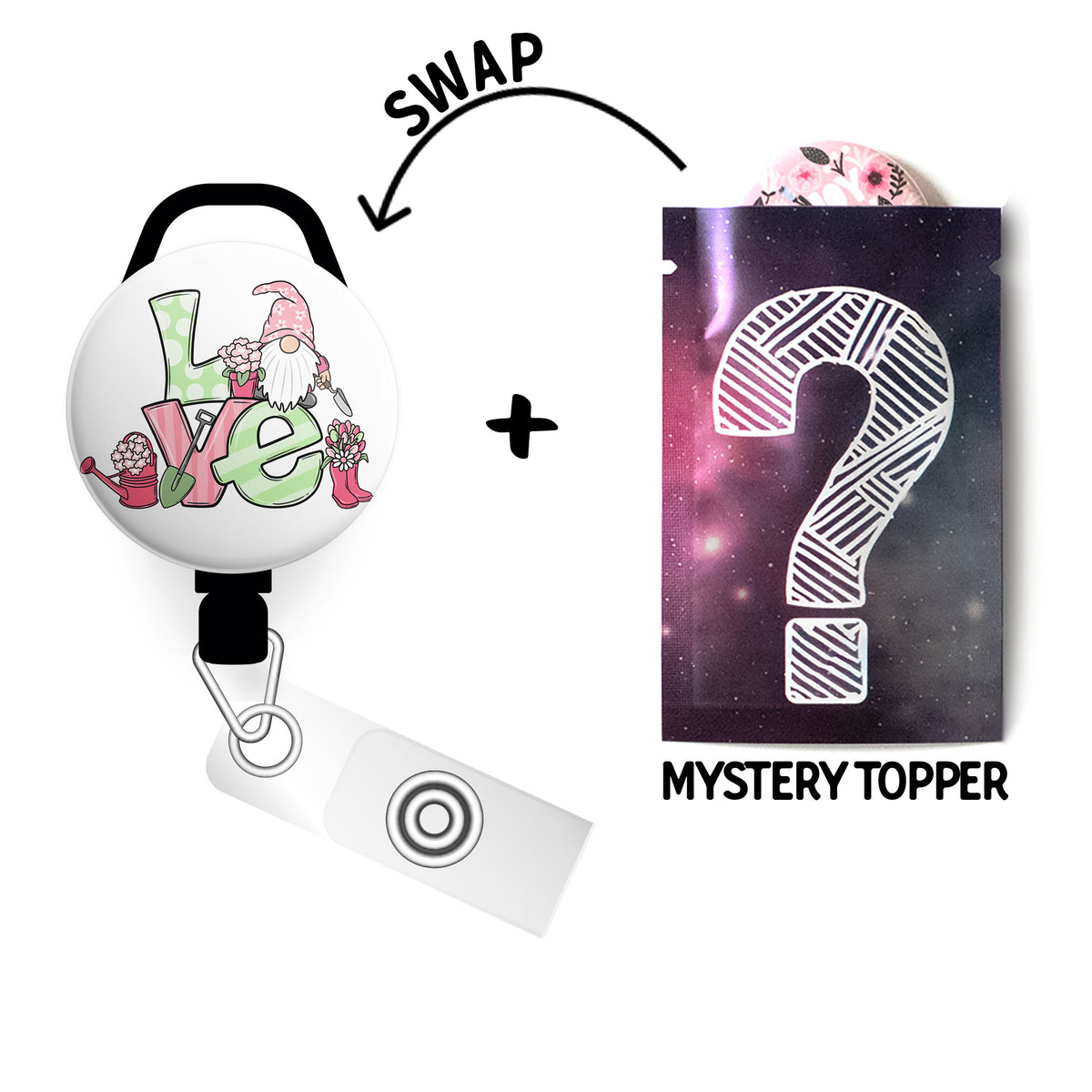 Spring Gardening Gnome ID Badge Reel • Spring Funny Badge Holder • Swapfinity Gator+Mystery Topper / Black